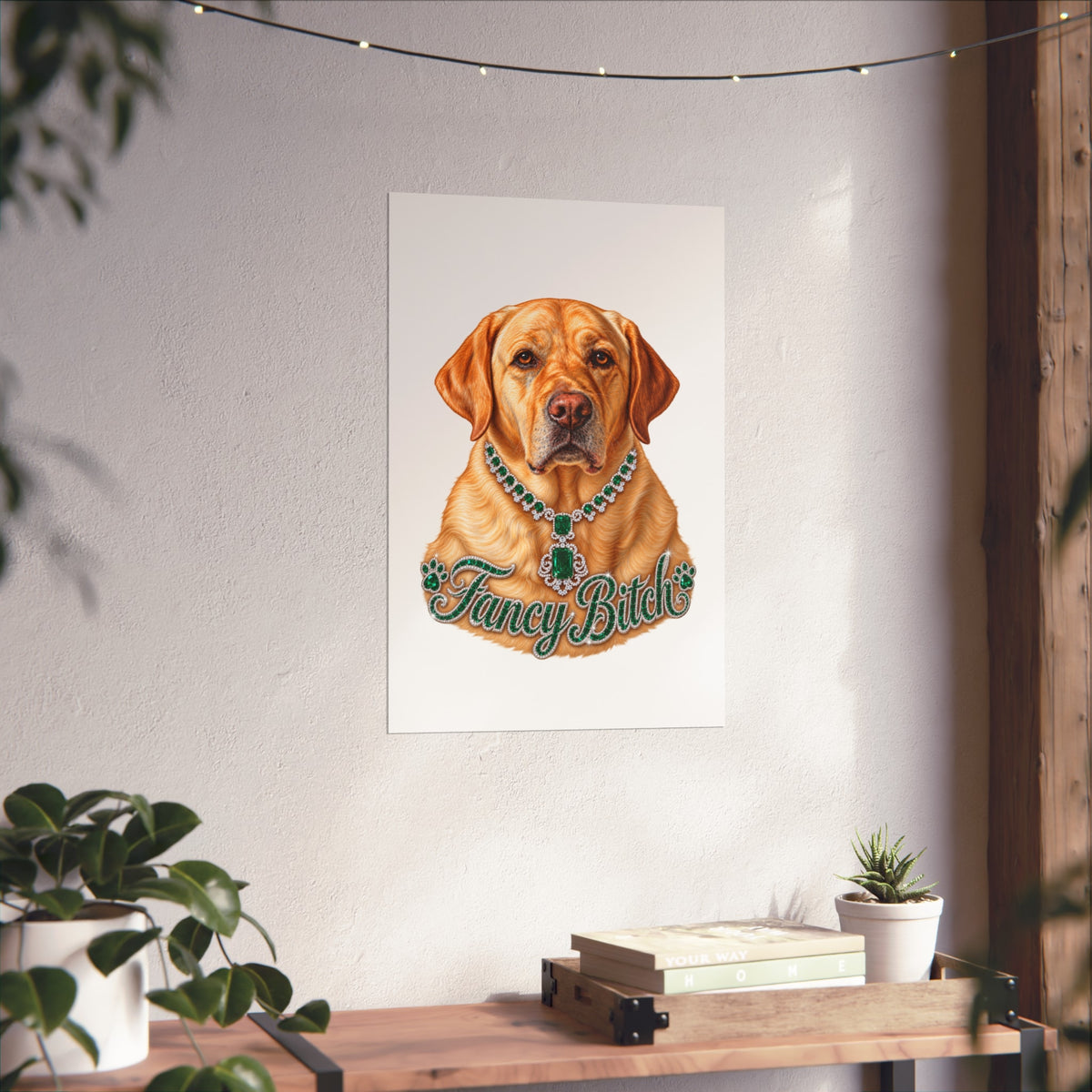 Fine Art Poster — "Fancy Bitch" Yellow Labrador with Emerald Necklace