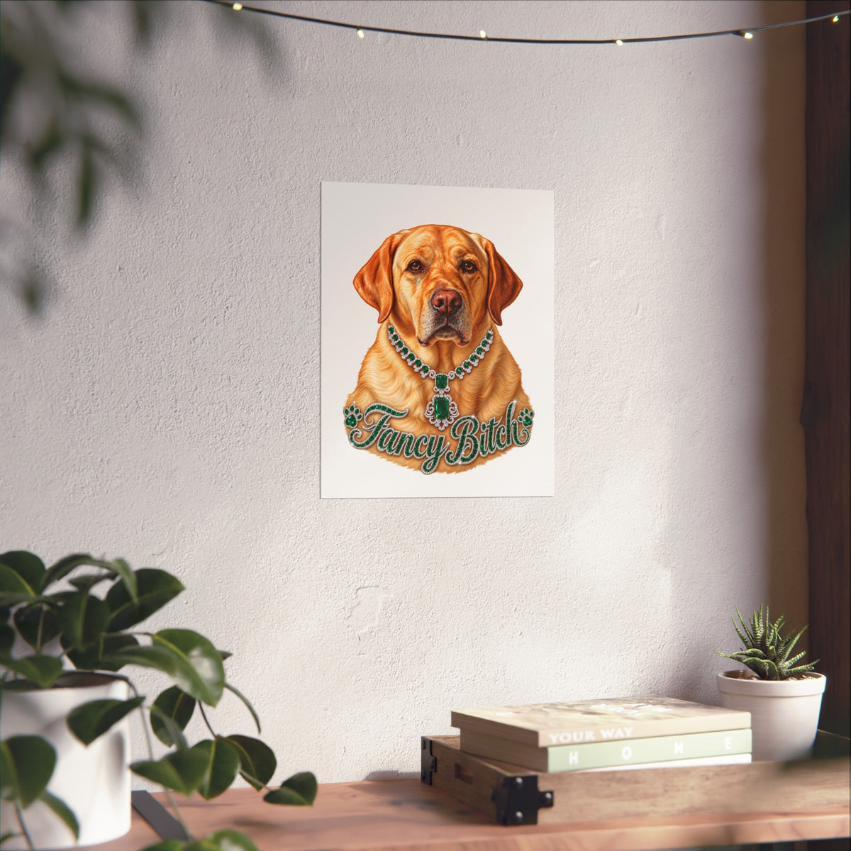 Fine Art Poster — "Fancy Bitch" Yellow Labrador with Emerald Necklace