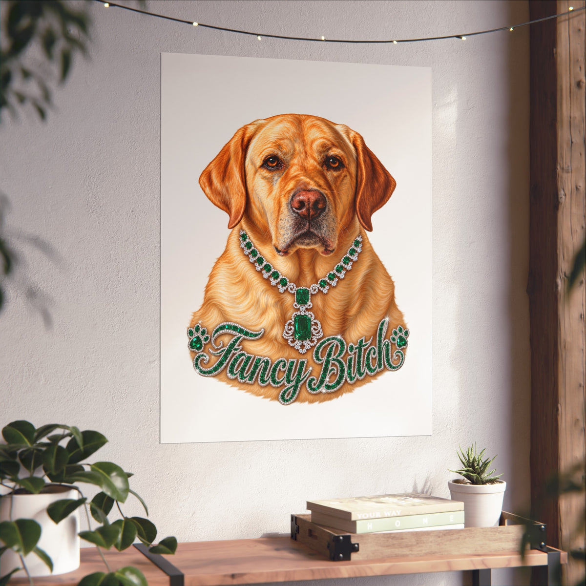Fine Art Poster — "Fancy Bitch" Yellow Labrador with Emerald Necklace