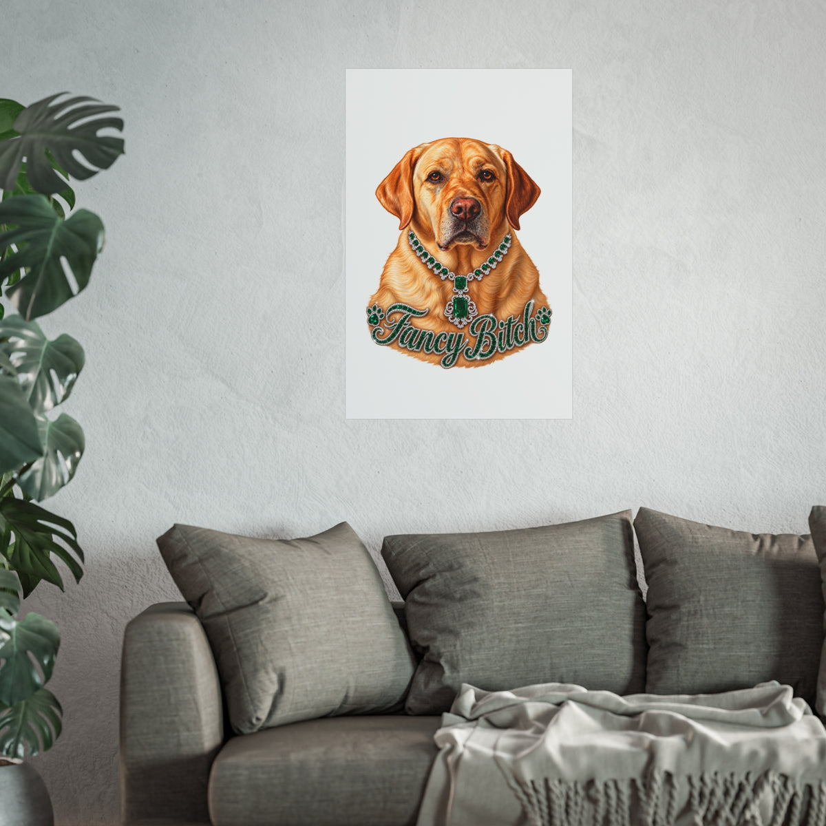 Fine Art Poster — "Fancy Bitch" Yellow Labrador with Emerald Necklace