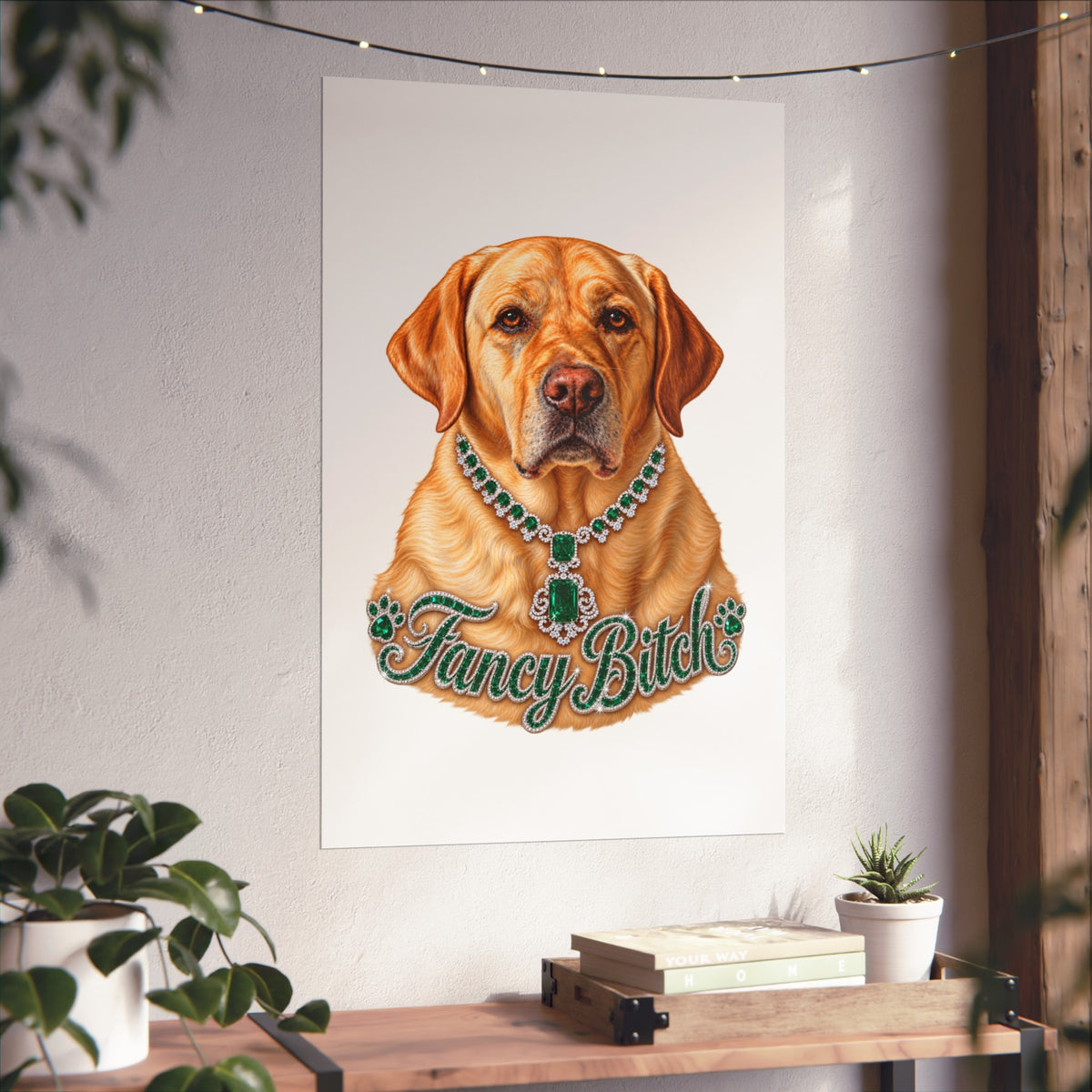 Fine Art Poster — "Fancy Bitch" Yellow Labrador with Emerald Necklace