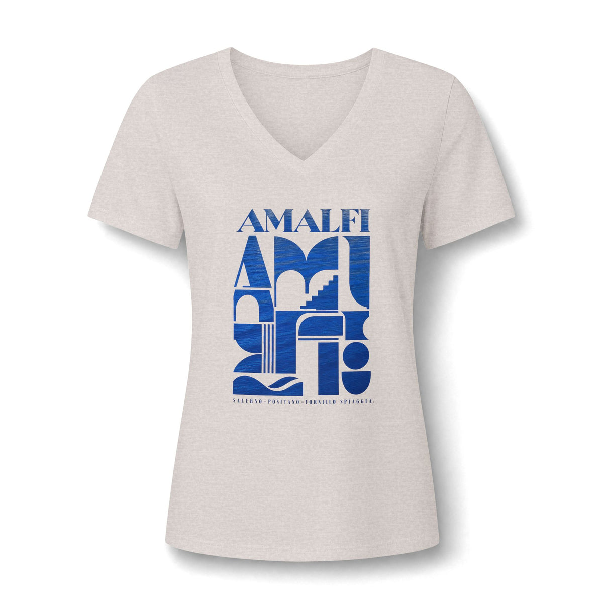 Amalfi Coast Graphic V-Neck Tee — Modern Blue Typography Travel Shirt