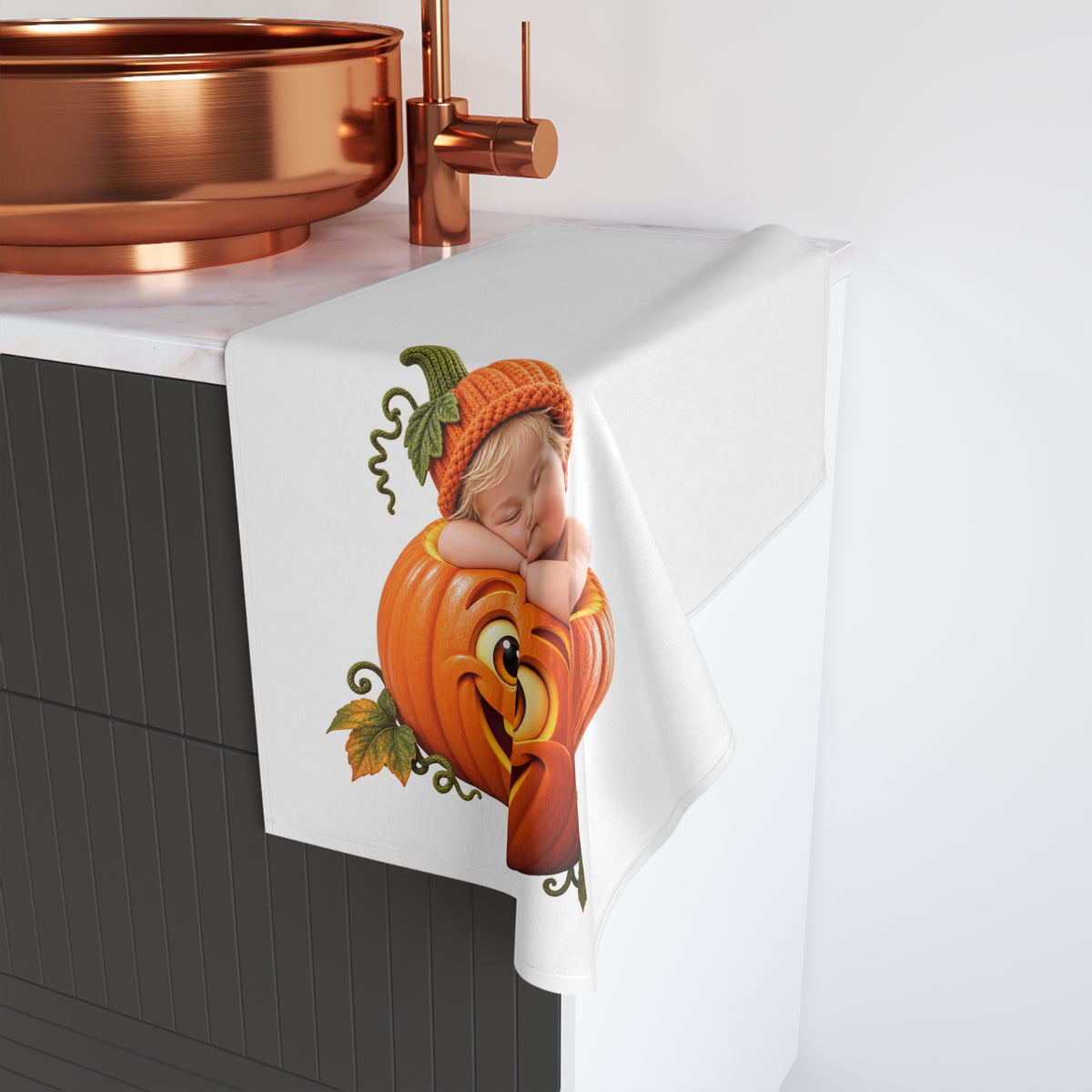 Pumpkin Baby Hand Towel — Cute Sleeping Infant in Jack-o'-Lantern Halloween Design