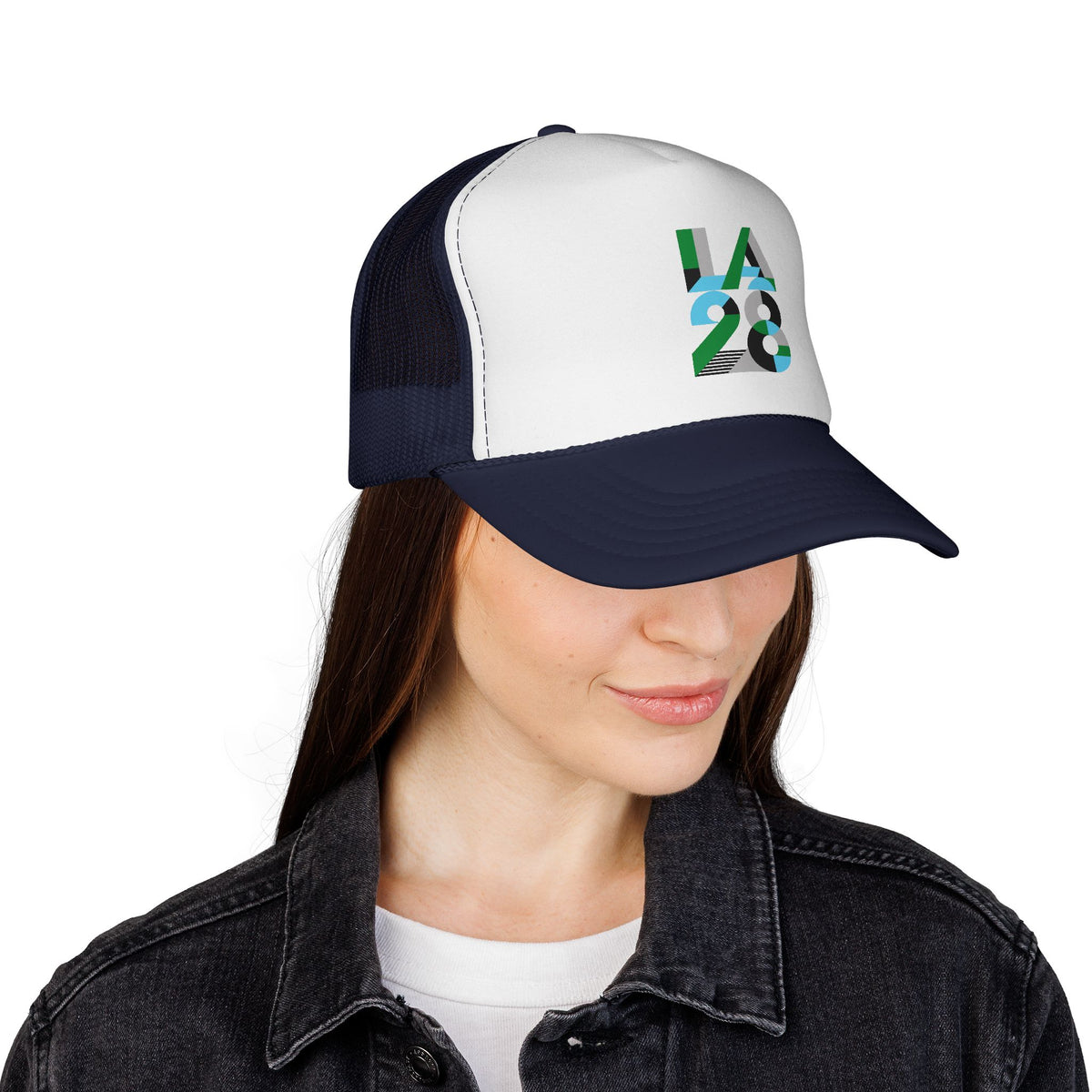 LA 28 Trucker Cap – Retro Stripe Olympic Inspired Mesh Hat