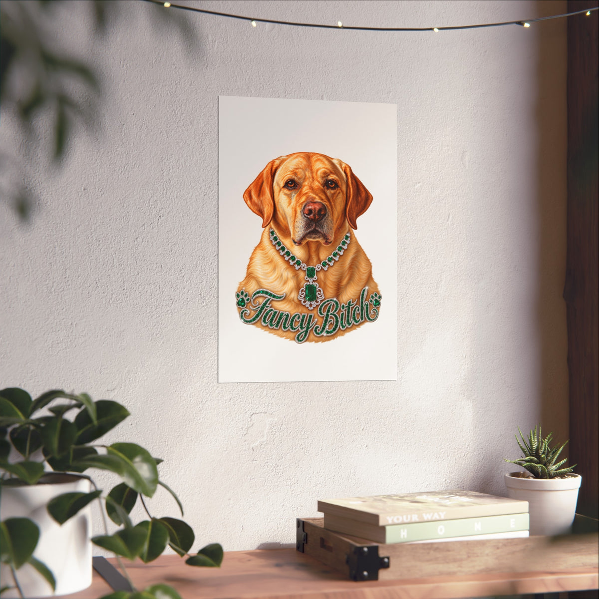 Fine Art Poster — "Fancy Bitch" Yellow Labrador with Emerald Necklace