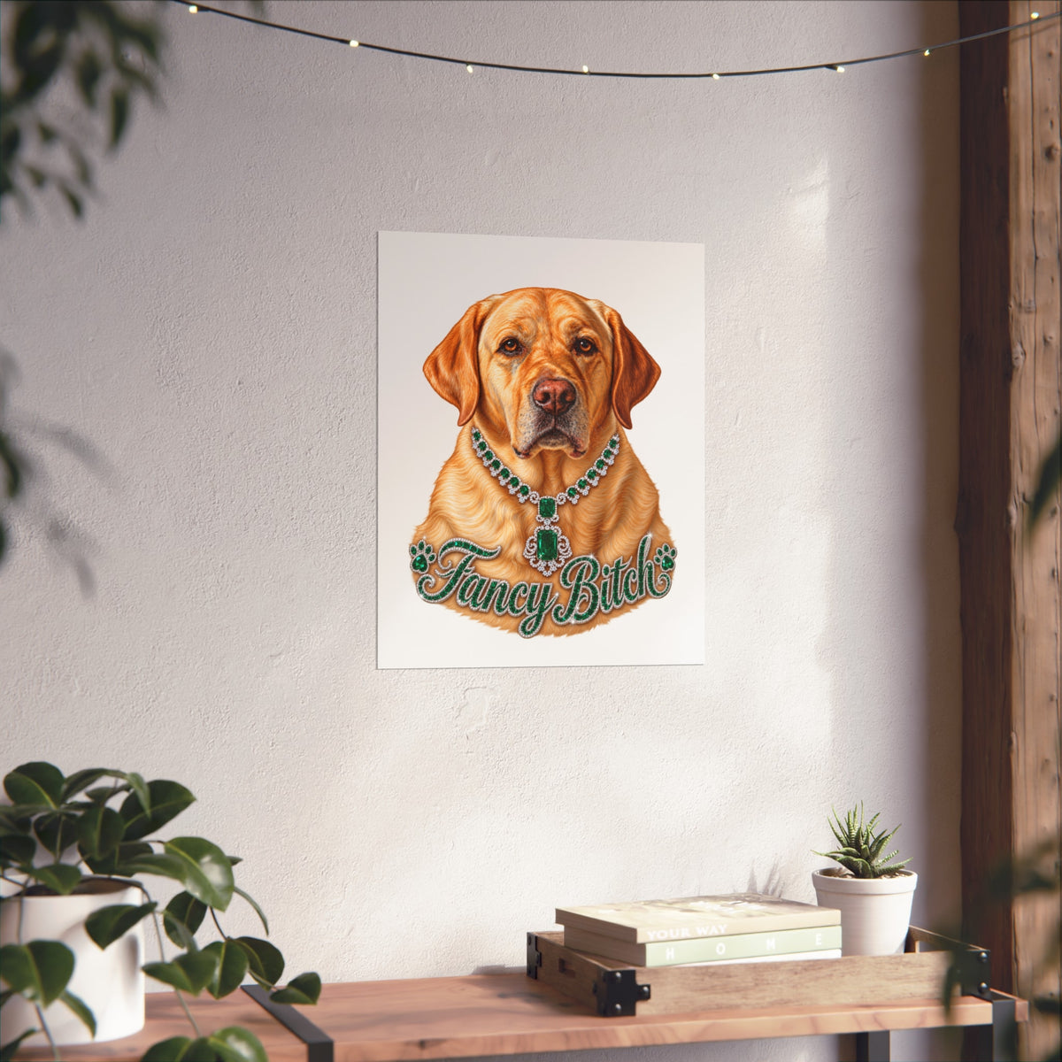 Fine Art Poster — "Fancy Bitch" Yellow Labrador with Emerald Necklace