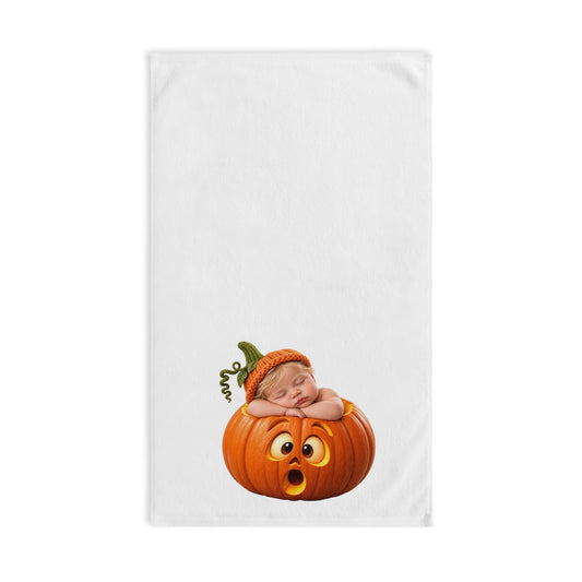 Halloween Baby Pumpkin Hand Towel – Cute Sleeping Infant in Jack-o'-Lantern Design