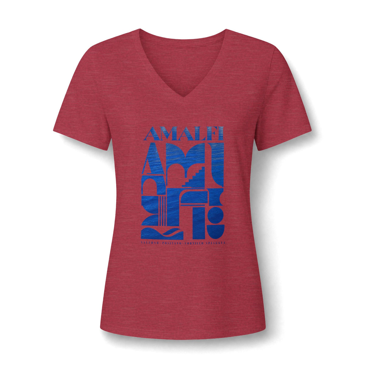 Amalfi Coast Graphic V-Neck Tee — Modern Blue Typography Travel Shirt
