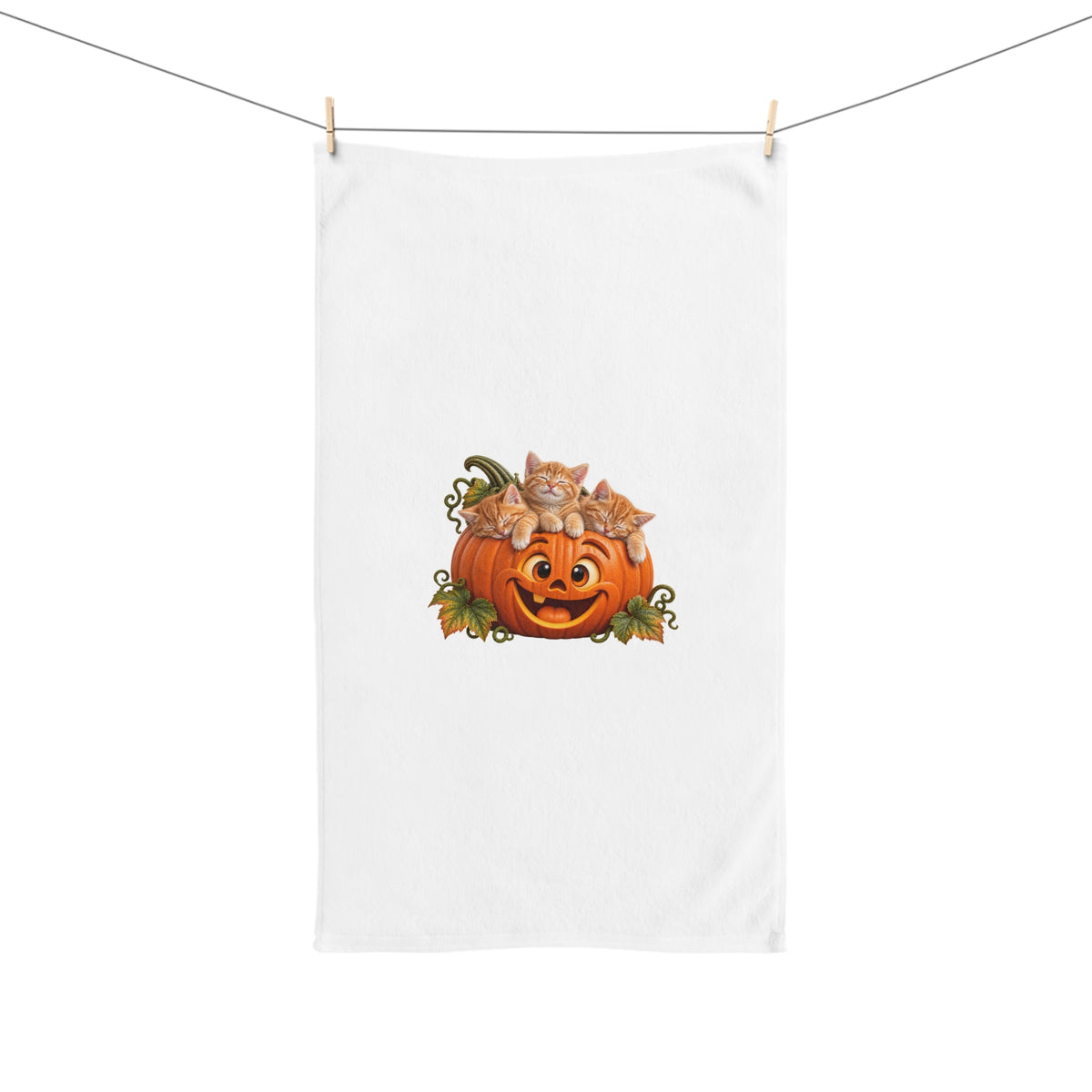Halloween Pumpkin Jack-O'-Lantern Hand Towel with Kittens — Cute Fall Kitchen Decor