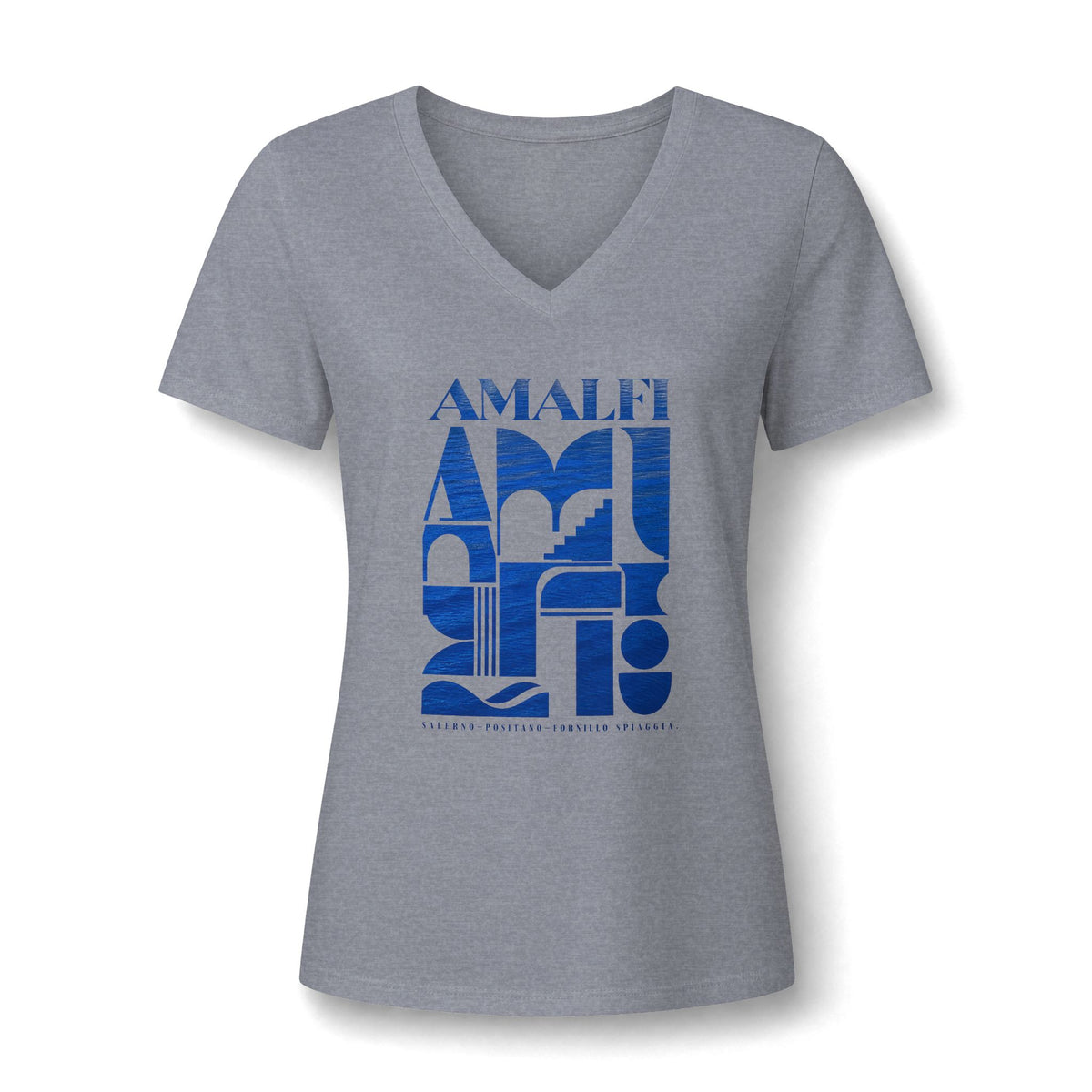 Amalfi Coast Graphic V-Neck Tee — Modern Blue Typography Travel Shirt