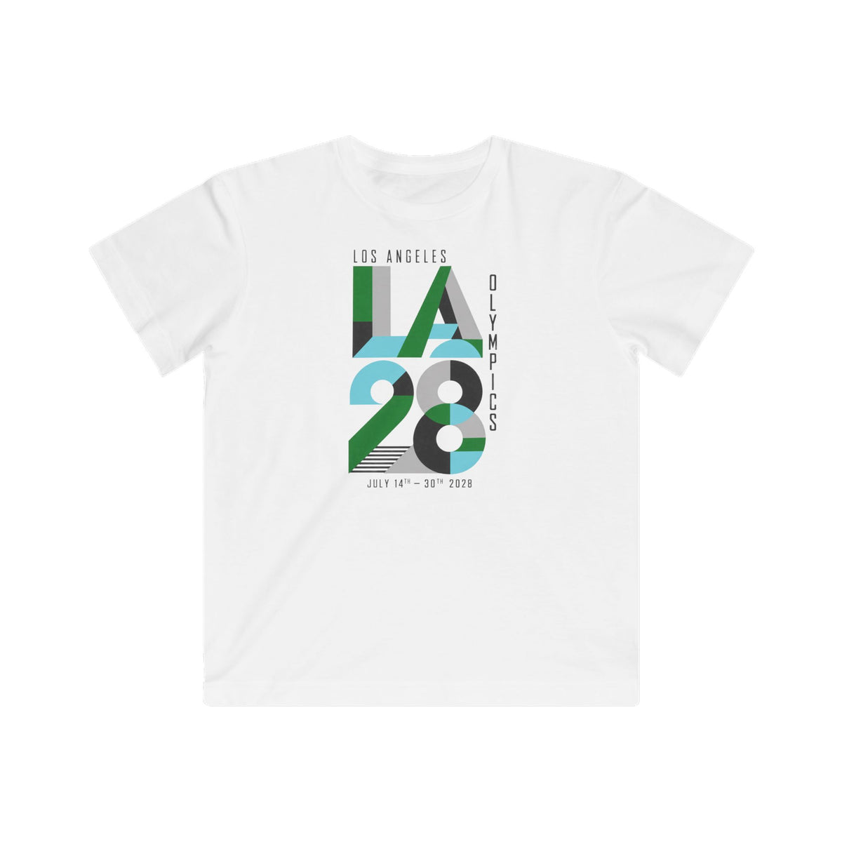 LA 28 Olympics Kids T‑Shirt — Retro Green & Blue Olympic Design