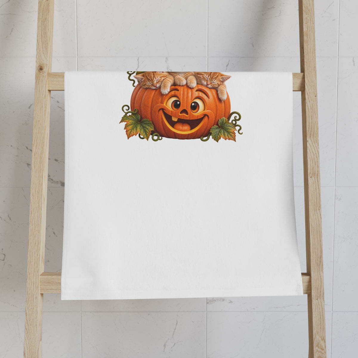 Halloween Pumpkin Jack-O'-Lantern Hand Towel with Kittens — Cute Fall Kitchen Decor