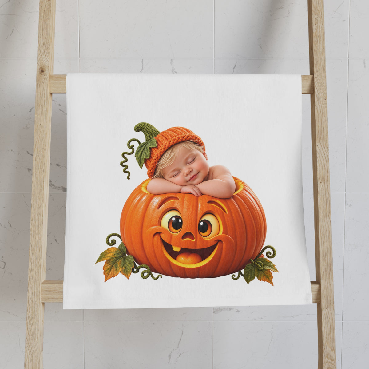 Pumpkin Baby Hand Towel — Cute Sleeping Infant in Jack-o'-Lantern Halloween Design