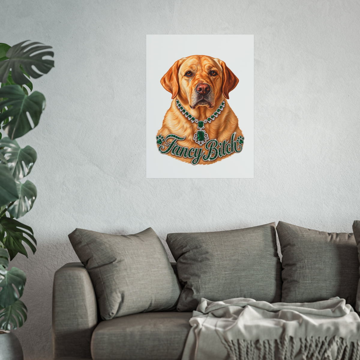 Fine Art Poster — "Fancy Bitch" Yellow Labrador with Emerald Necklace