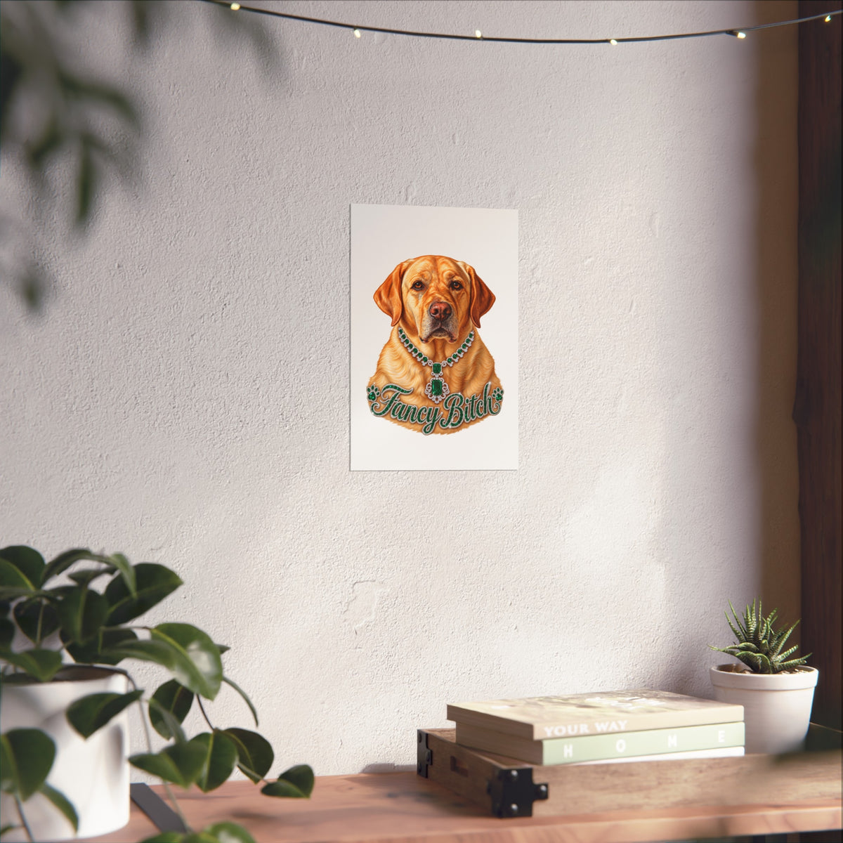 Fine Art Poster — "Fancy Bitch" Yellow Labrador with Emerald Necklace