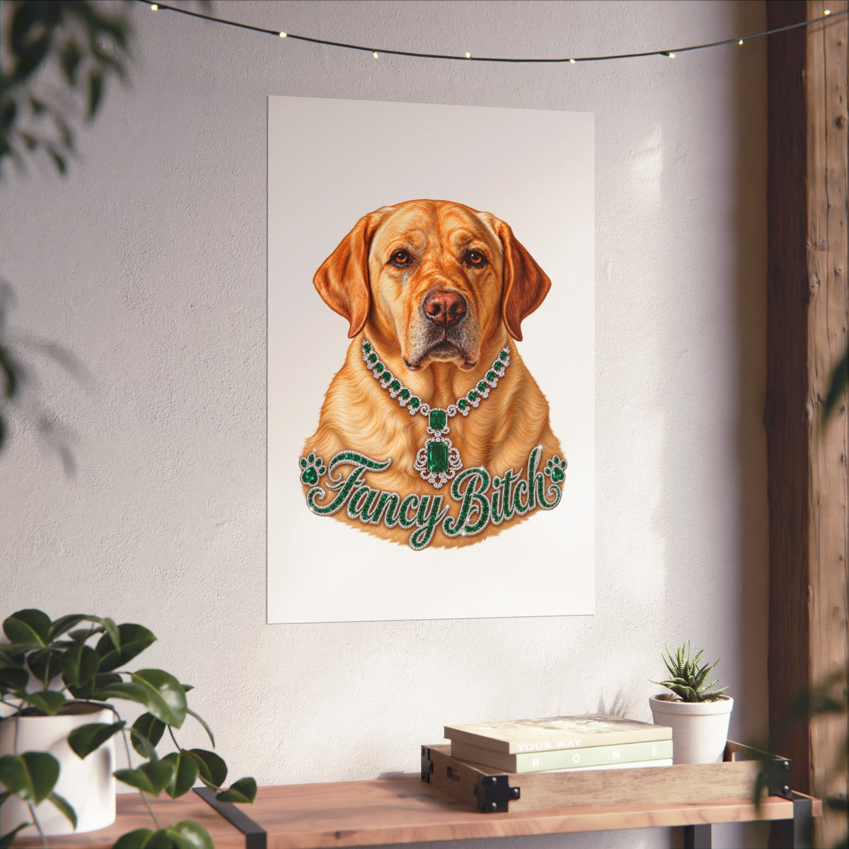 Fine Art Poster — "Fancy Bitch" Yellow Labrador with Emerald Necklace