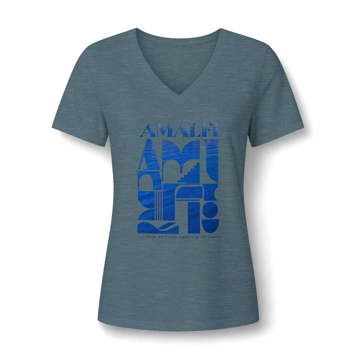 Amalfi Coast Graphic V-Neck Tee — Modern Blue Typography Travel Shirt