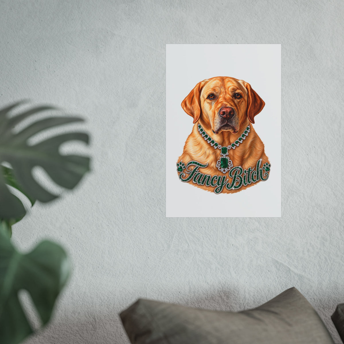Fine Art Poster — "Fancy Bitch" Yellow Labrador with Emerald Necklace