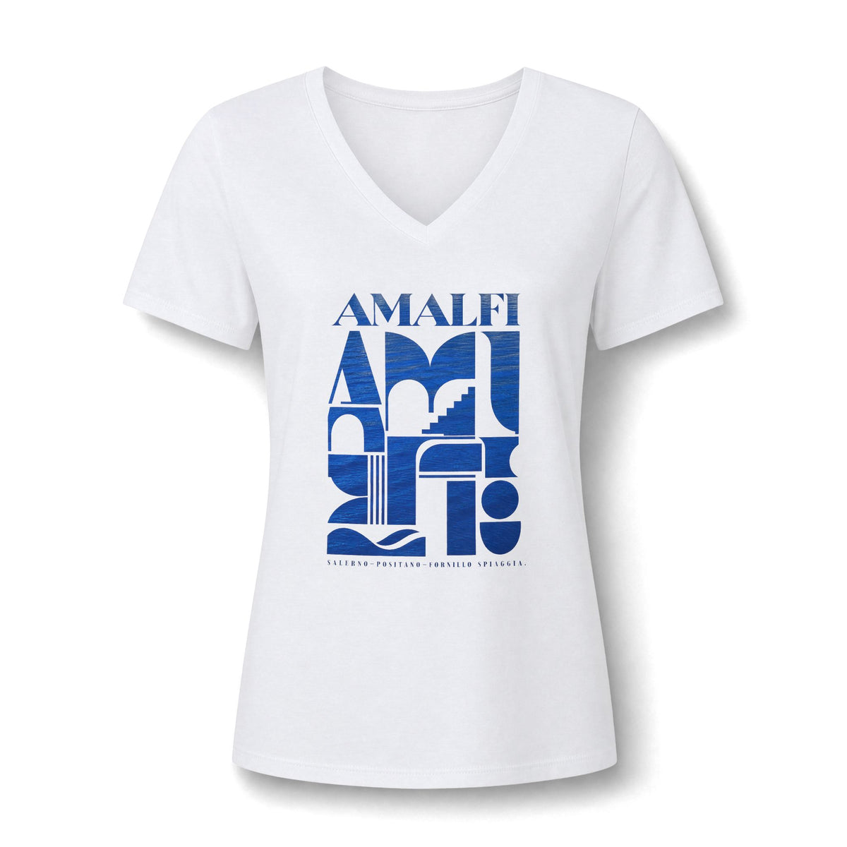 Amalfi Coast Graphic V-Neck Tee — Modern Blue Typography Travel Shirt