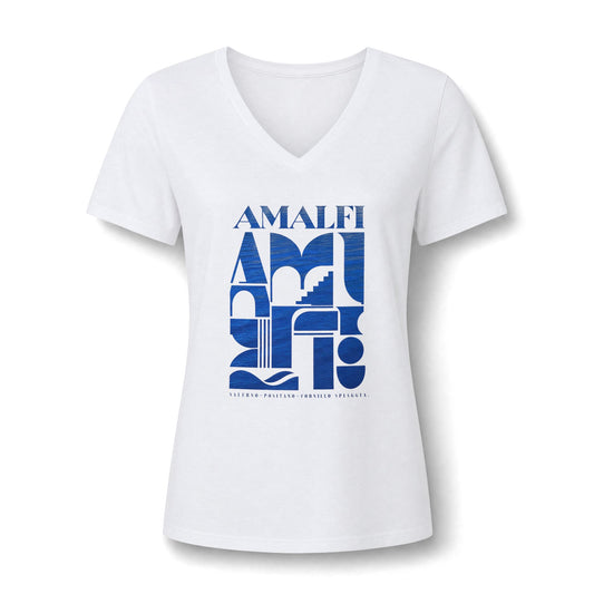 Amalfi Coast Graphic V-Neck Tee — Modern Blue Typography Travel Shirt