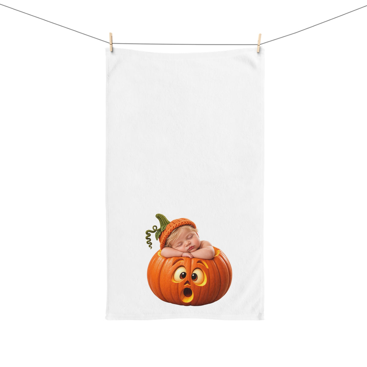 Halloween Baby Pumpkin Hand Towel – Cute Sleeping Infant in Jack-o'-Lantern Design