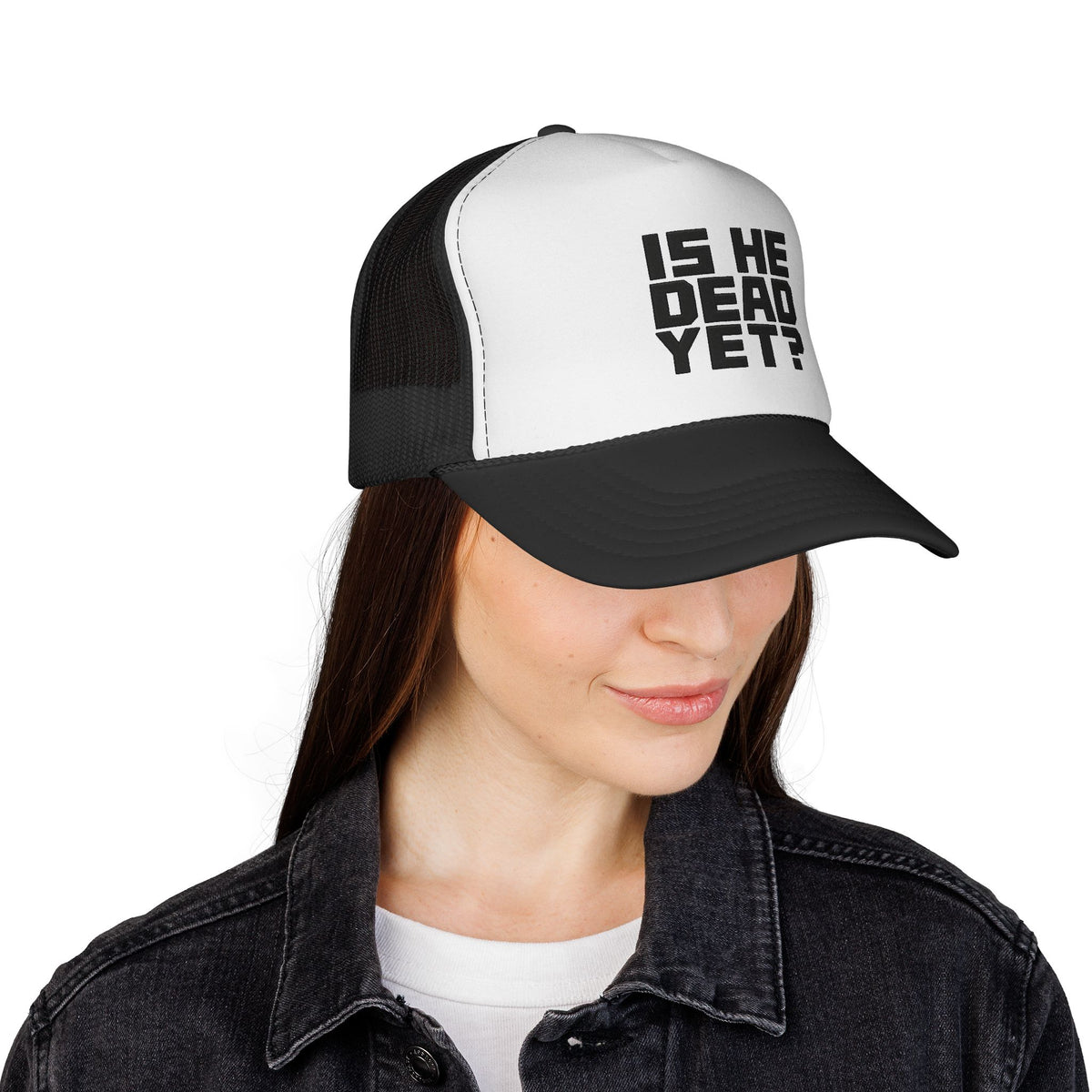 Trucker Cap — 'Is He Dead Yet?' Bold Statement Mesh Hat