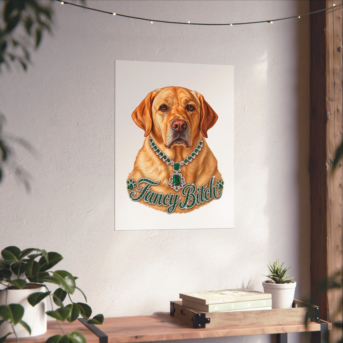 Fine Art Poster — "Fancy Bitch" Yellow Labrador with Emerald Necklace