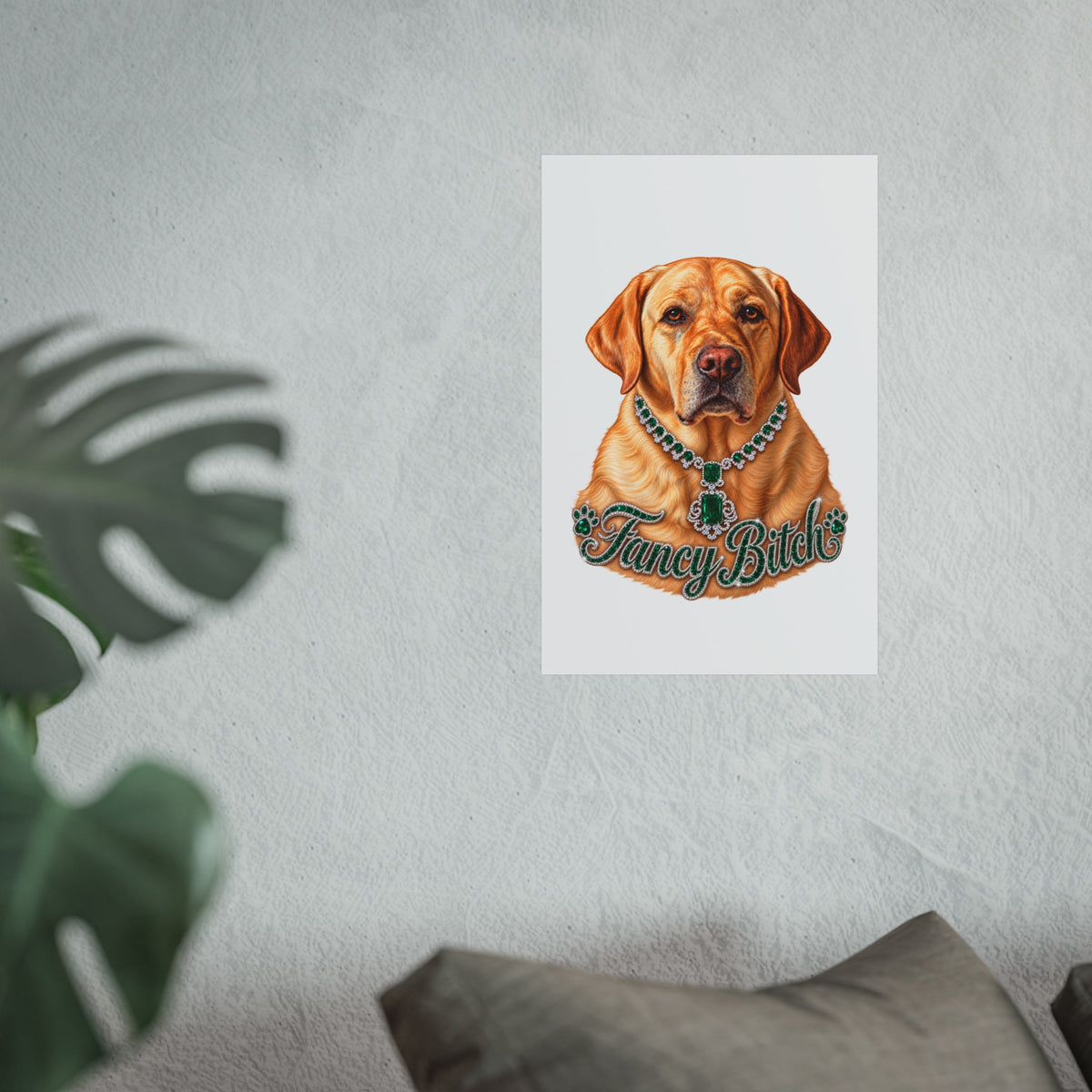 Fine Art Poster — "Fancy Bitch" Yellow Labrador with Emerald Necklace