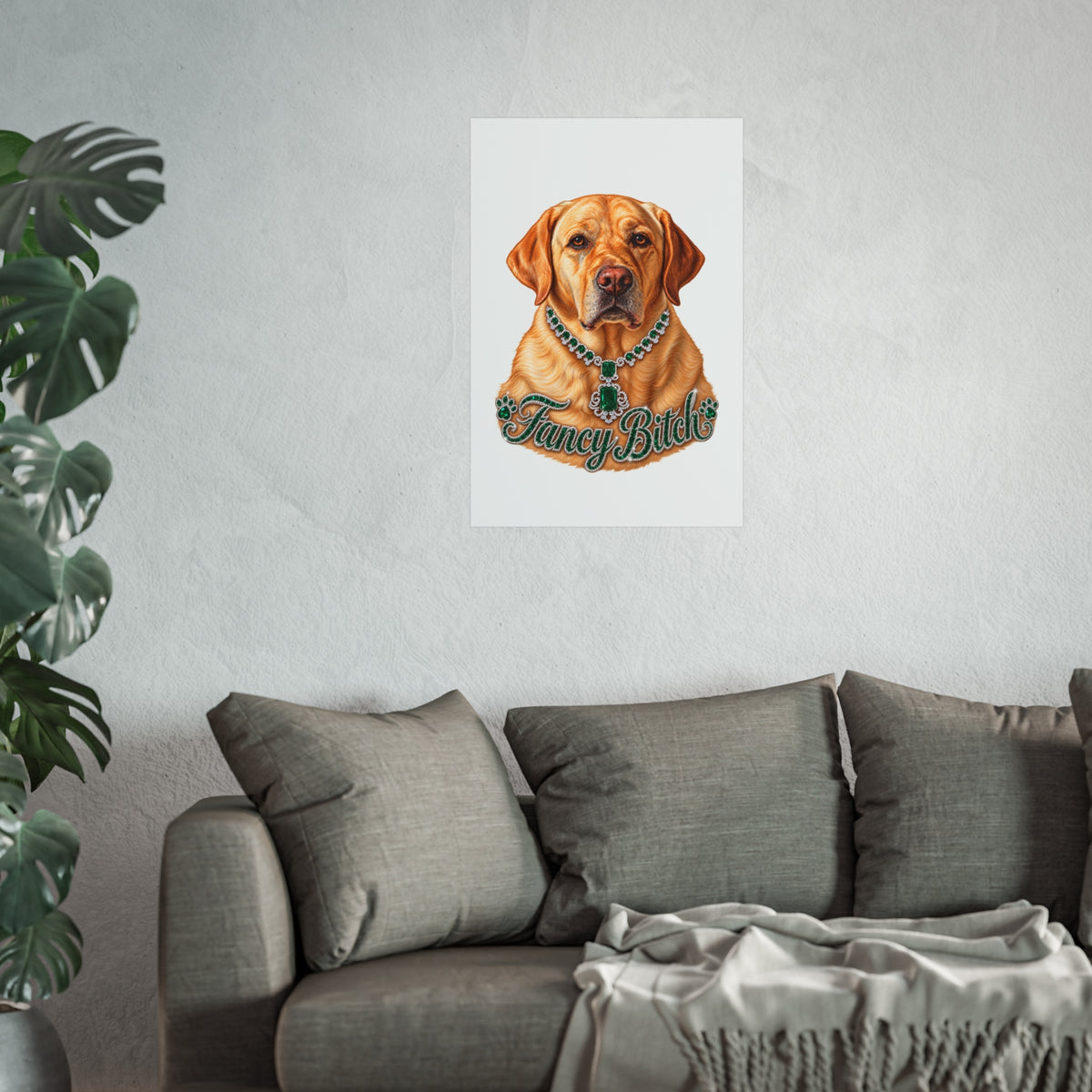 Fine Art Poster — "Fancy Bitch" Yellow Labrador with Emerald Necklace