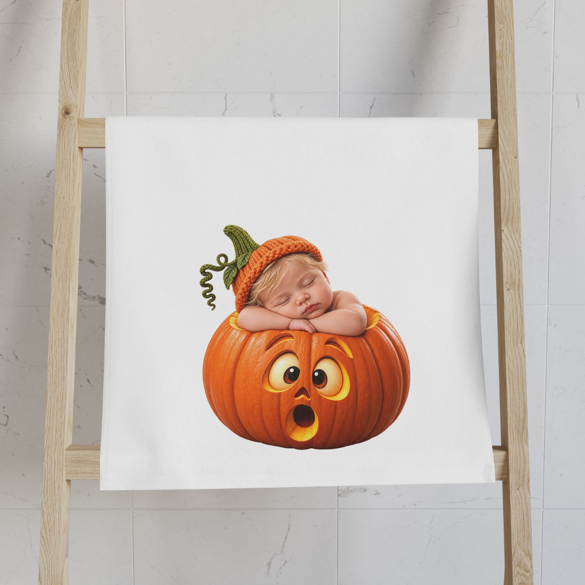 Halloween Baby Pumpkin Hand Towel – Cute Sleeping Infant in Jack-o'-Lantern Design