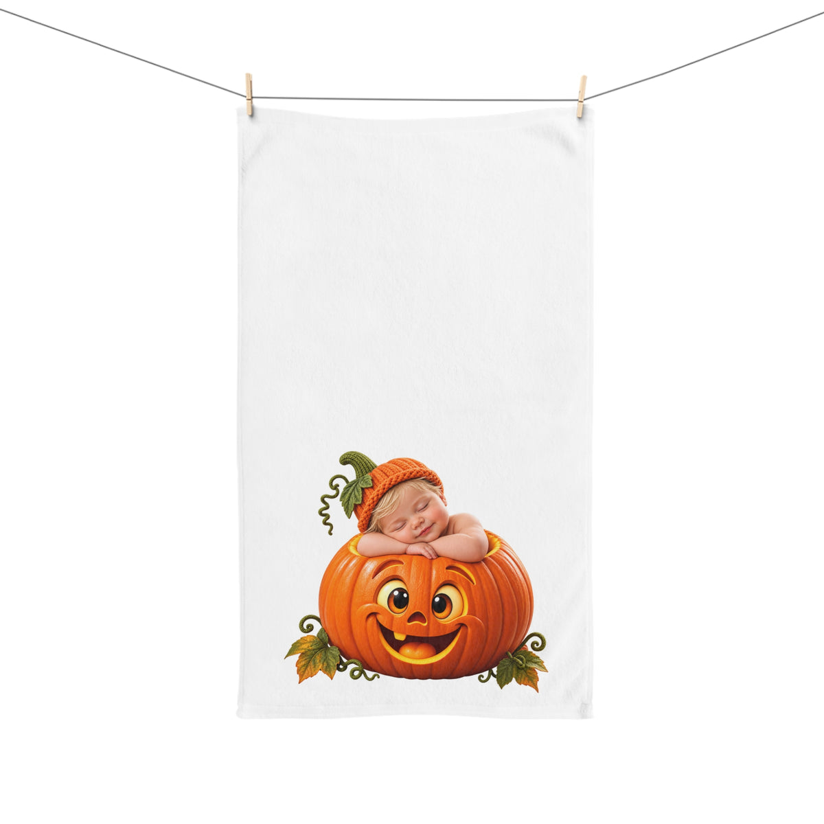 Pumpkin Baby Hand Towel — Cute Sleeping Infant in Jack-o'-Lantern Halloween Design