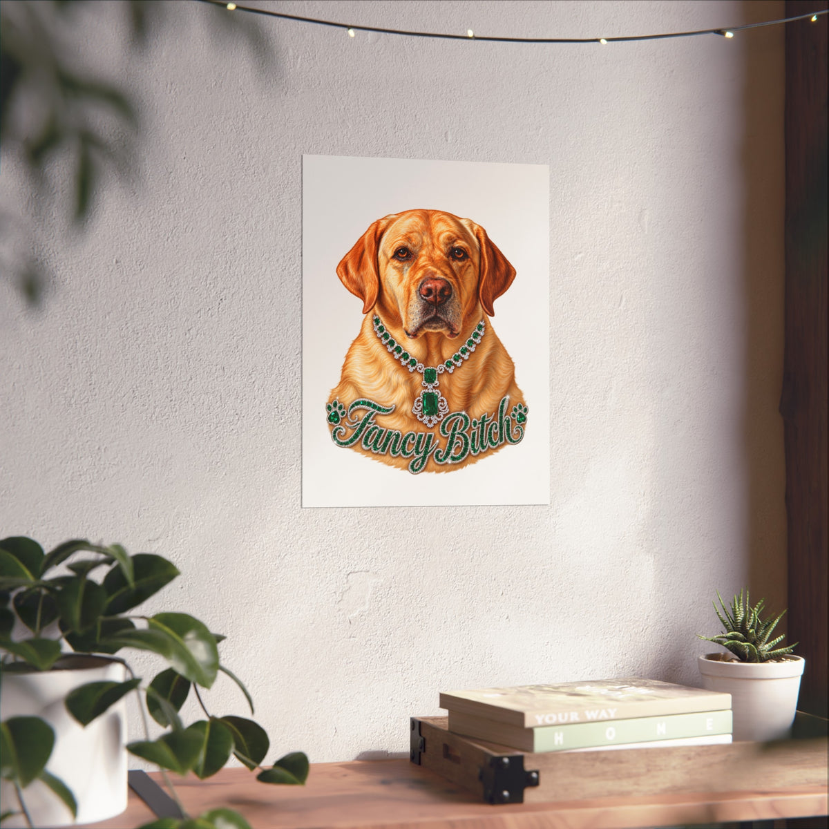 Fine Art Poster — "Fancy Bitch" Yellow Labrador with Emerald Necklace
